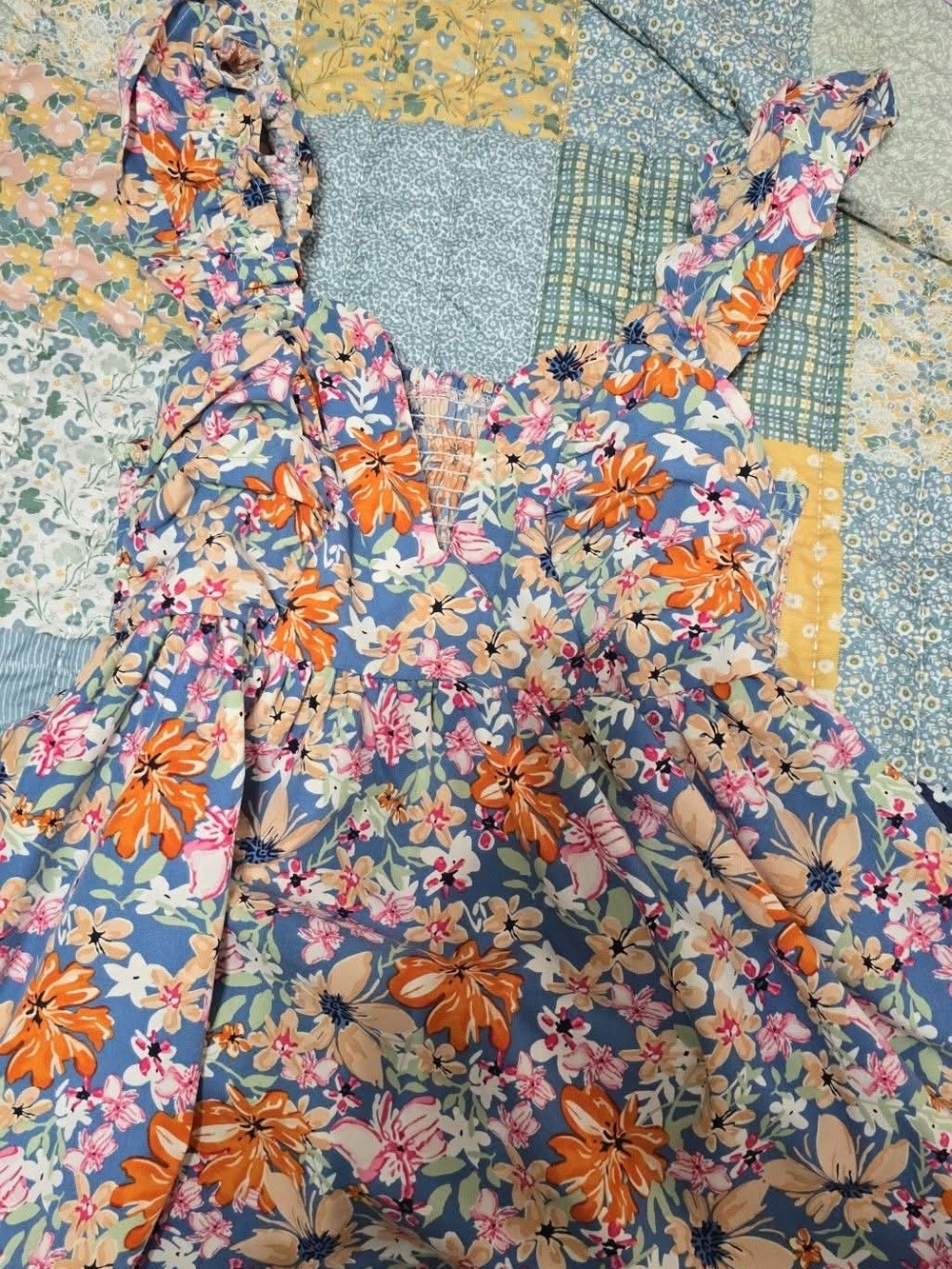 SHEIN Blue Floral Ruffled Strap Blouse with Orange, Pink & Cream Flowers